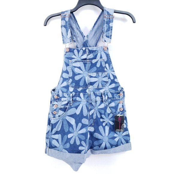 No Boundaries Denim Floral Print Shortalls With Buckle Straps Juniors Medium - Picture 1 of 11